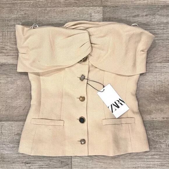 ZARA Strapless Linen Fitted Blazer NWT | Sand Tan | Structured Top - Picture 15 of 16